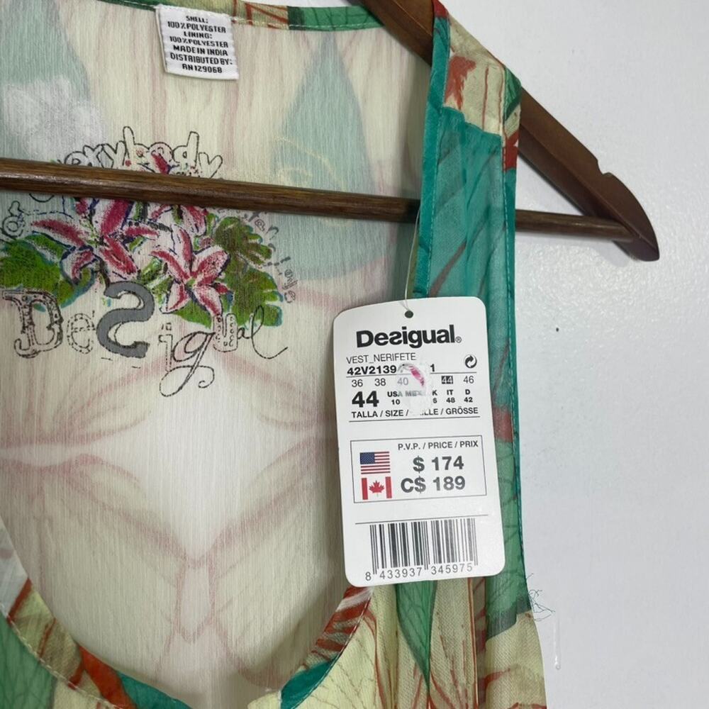 Desigual Nerifette Maxi Dress Size 10 Sheer Boho Sleeveless Tropical Leaf NEW
